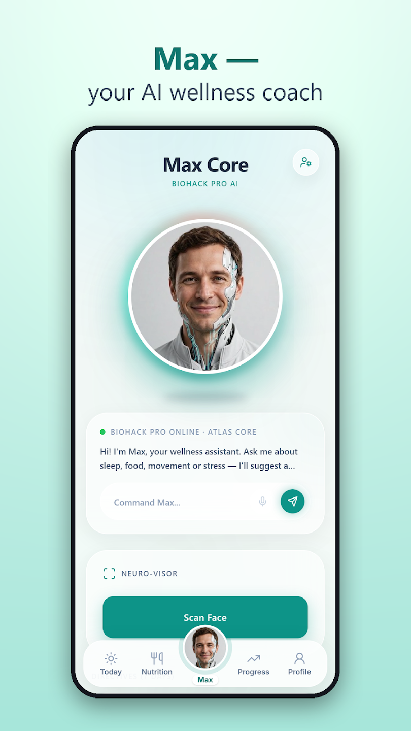 BioHack Pro promotional image showing the Max AI assistant, a chat input, and app navigation
